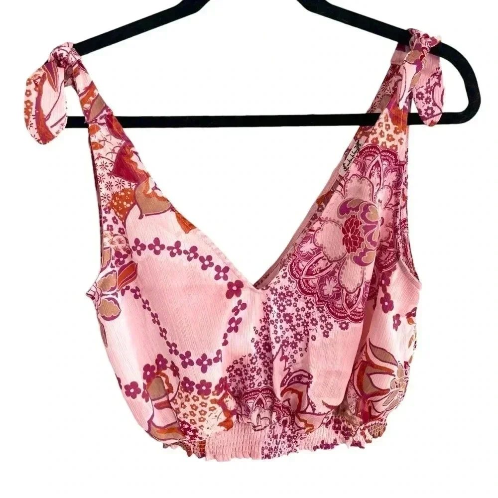 Free People Crop Top Pink Print Tie Strap